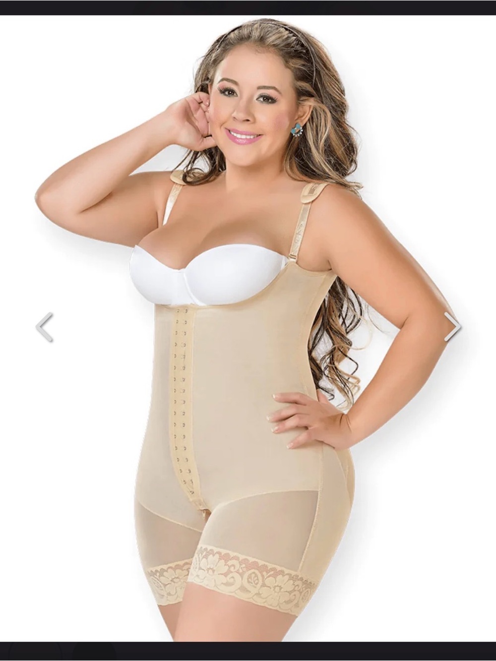 High-Waist Beige Full Body Shapewear Bodysuit with Lace Trim